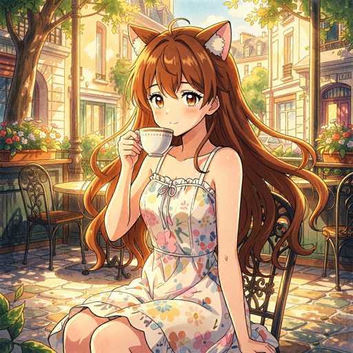 In this vibrant anime-style illustration, a young girl with long, flowing brown hair adorned with cat ears sits gracefully on a black metal chair. She is dressed in a charming white dress decorated with colorful floral patterns. The girl holds a delicate white teacup with a brown rim, her expression serene and content. Surrounding her is a quaint outdoor seating area, complete with a round table and additional chairs. The scene is framed by lush greenery, including trees and bushes, adding a touch of nature to the setting. In the background, a row of buildings with balconies and windows can be seen, some adorned with hanging flower baskets. The sky above is a clear blue, dotted with fluffy white clouds, enhancing the peaceful and picturesque atmosphere of the scene.
