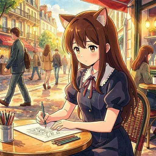 A cute anime girl with cat ears is diligently sketching in a notebook at a small wooden table. She's wearing a dark blue sailor-style dress with white frills and a red bow, holding a pencil in her right hand. Her long brown hair falls to her shoulders and she has large, expressive eyes with a soft expression. 

The table is set on a sunny street scene in a charming European city, with colorful buildings and people walking by in the background. The overall style is reminiscent of a manga or anime illustration, with soft lighting and warm colors.