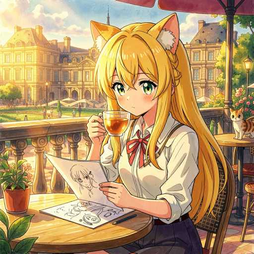 In this vibrant anime-style illustration, a young girl with long, flowing blonde hair adorned with cat ears sits at a round wooden table, deeply engrossed in her sketching. She is dressed in a white shirt with a red bow tie and a black skirt, exuding a casual yet charming appearance. The girl holds a teacup in her right hand, sipping from it as she looks down at a sketchbook on the table, which features a detailed drawing of a cat. A pen lies beside the sketchbook, suggesting she is in the midst of her creative process. The table is decorated with a potted plant, adding a touch of greenery to the scene. In the background, a quaint town unfolds with buildings, trees, and people walking along the streets, creating a lively and picturesque setting. To the right, another table is visible, where an orange and white cat sits, seemingly observing the girl. The scene is bathed in warm sunlight, enhancing the cozy and serene atmosphere of this charming moment.