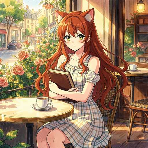 A young anime girl with long, flowing auburn hair and cat ears sits at a round table in a charming cafe. She's wearing a light blue and grey checkered dress, holding a book, and sipping from a white cup. The cafe is filled with roses and sunlight, creating a warm, cozy atmosphere. The art style is detailed and vibrant, typical of anime illustrations.