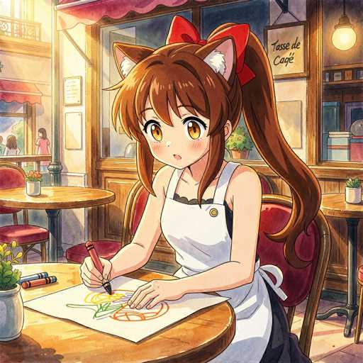 In this vibrant and detailed illustration, a young girl is depicted sitting at a round wooden table in a cozy café. She is engrossed in drawing with crayons, which are scattered around her. The girl has long brown hair adorned with a red bow and cat ears, adding a whimsical touch to her appearance. She is dressed in a white apron over a black dress, suggesting she might be an employee of the café. The café's interior features red chairs and a warm, inviting atmosphere. In the background, a sign reads "Tasde Cage," and there are other patrons visible, including a woman in a pink shirt standing near a window. The scene is bathed in natural light, enhancing the cheerful and lively ambiance of the café.