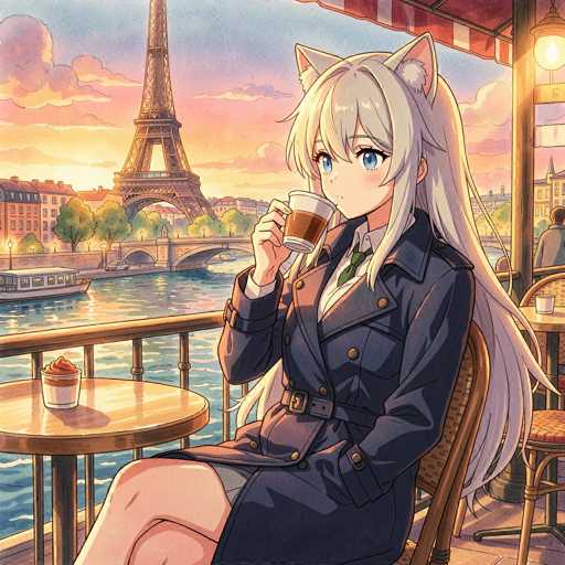 A cute anime girl with long white hair and cat ears, wearing a dark navy trench coat over a white collared shirt and green tie, sits at a small round table in a Parisian cafe. She's holding a steaming cup of coffee with both hands, looking out at the view. The cafe is on a balcony overlooking the Seine River, with the Eiffel Tower in the background bathed in the warm glow of a sunrise or sunset. The scene is rendered in a soft, painterly style with a warm color palette, emphasizing the cozy and romantic atmosphere of Paris.