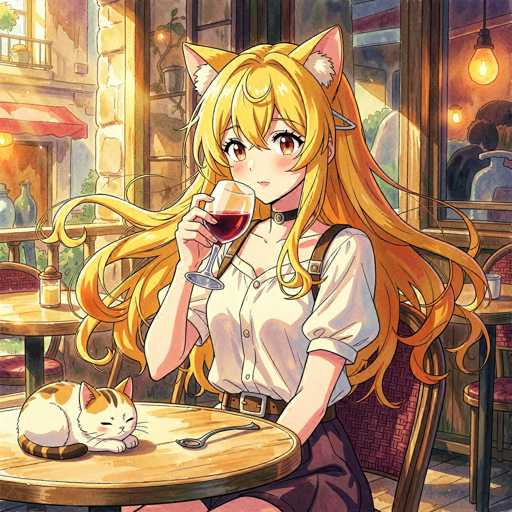 In this vibrant anime-style illustration, a young woman with long, flowing blonde hair and striking orange-brown eyes sits at a small, round wooden table in an outdoor café. She is dressed in a white short-sleeved button-up shirt, a brown belt, and a brown skirt. Her outfit is complemented by a black choker adorned with a small silver medallion. The woman has cat ears, adding a whimsical touch to her appearance. She holds a wine glass filled with red wine in her right hand, while a silver spoon rests on the table in front of her. 

Beside her, a white cat with brown stripes on its head and back sits contentedly, its eyes closed in a peaceful expression. The café setting is detailed with another table and chair visible in the background, along with a window that offers a glimpse of the street outside. The scene is bathed in warm sunlight, enhancing the cozy and serene atmosphere.