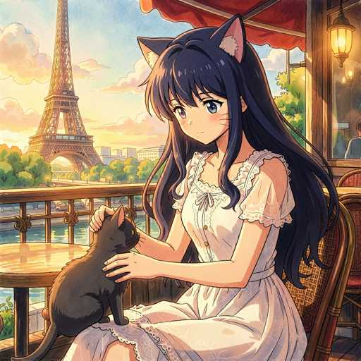 A young anime girl with long, dark hair and cat ears sits in a cafe, gently petting a black cat. The scene is set in Paris with the Eiffel Tower in the background under a warm, golden sunset. The art style is detailed and soft, with a focus on gentle lighting and a cozy atmosphere.