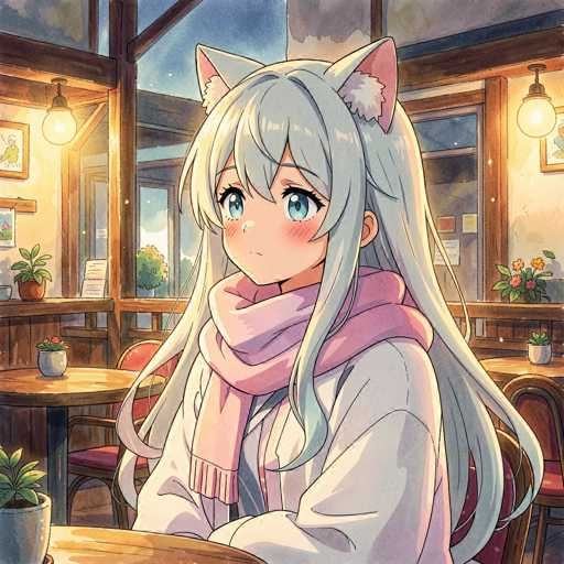 A cute anime girl with long, flowing silver hair and large blue eyes sits at a table in a cozy cafe. She wears a light pink scarf, a white hooded jacket, and has large cat ears on her head. She's looking thoughtfully to the left with a gentle expression, and her cheeks are slightly flushed. The cafe has warm lighting from hanging lamps, and the background shows other tables with people, suggesting a relaxed atmosphere. The overall style is soft and detailed, typical of anime art.
