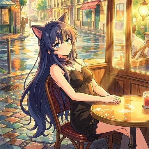 A cute anime girl with long blue hair and cat ears sits at a table in a cafe, looking out the window. She's wearing a dark dress with lace details and a delicate collar. The cafe is bathed in warm sunlight, reflecting on the cobblestone street outside. The scene has a soft, painterly style with a focus on detail and gentle lighting.