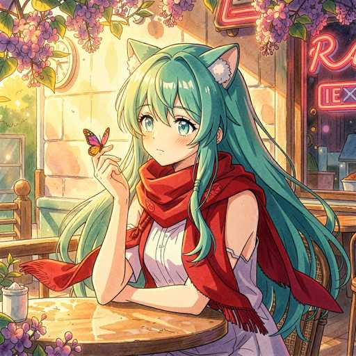 A cute anime girl with long teal hair and cat ears, wearing a red scarf and white dress, sitting at a wooden table in a cozy cafe. She's holding a butterfly with her fingers and looking slightly to the right, with a gentle smile. The background is filled with cherry blossoms and warm sunlight, creating a peaceful atmosphere.