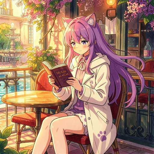 A cute anime girl with long purple hair and cat ears is sitting at a table in a cozy cafe, reading a book titled "My Life as a Cat." She's wearing a white hooded coat with paw print details and a light purple dress. The cafe has a warm, inviting atmosphere with a window overlooking a beautiful outdoor patio featuring a fountain and pink cherry blossoms. The girl is holding the book with both hands, her expression serene as she reads.