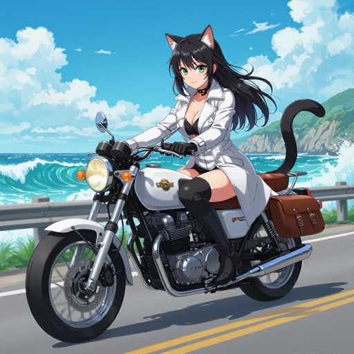 A seductive anime cat girl in a white trench coat and black leather skirt rides a retro motorcycle on a coastal road. The scene is vibrant, with crashing waves and blue skies in the background, emphasizing a stylish and dynamic composition.