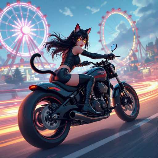 In this vibrant, cartoon-style image, a young woman with long black hair and striking yellow eyes rides a sleek black motorcycle adorned with red accents. She is dressed in a form-fitting black leather outfit that includes a cropped top, shorts, and thigh-high boots, complemented by long gloves. Her ensemble is completed with cat ears and a black cat tail, adding a playful touch to her fierce look. The motorcycle appears to be in motion, evidenced by the blurred road beneath it. In the background, two large Ferris wheels, one pink and one red, stand tall against a blue sky dotted with clouds, suggesting a lively carnival or amusement park setting. The scene is further enriched by the presence of trees and buildings in the distance, enhancing the dynamic and adventurous atmosphere of the image.