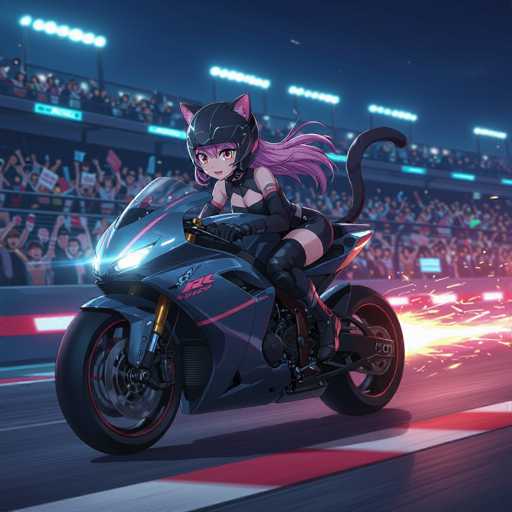 The image depicts a dynamic scene of a female anime character riding a sleek, black motorcycle adorned with pink accents. The character, who has long, flowing pink hair and a black helmet with cat ears, exudes a sense of speed and excitement. She is dressed in a form-fitting black bodysuit that extends to her knees, complemented by black gloves, knee pads, and boots. A black cat tail protrudes from her back, adding to her feline-inspired appearance. The motorcycle, which features a prominent headlight and a red logo on the side, is racing down a track marked with white and red stripes. The background reveals a stadium filled with enthusiastic spectators, many holding signs and cheering, under the glow of stadium lights. The overall atmosphere is one of high energy and competition, capturing the thrilling essence of a motorcycle race.