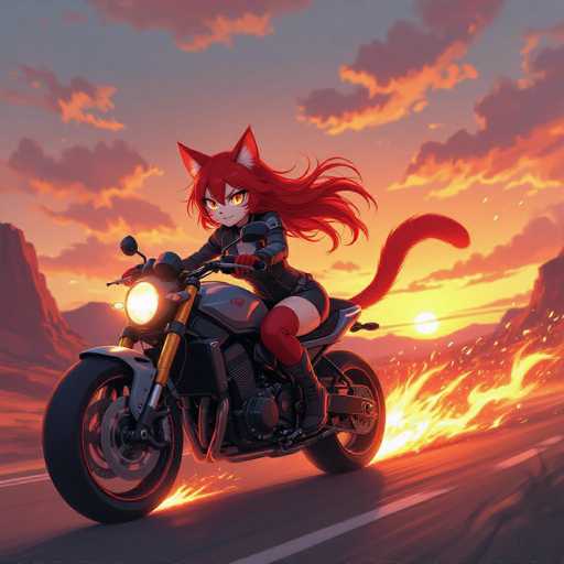 A vibrant, AI-generated image depicts a dynamic scene of a red-haired woman riding a motorcycle at sunset. The woman, adorned with cat ears and a long, flowing red tail, exudes a fierce and determined aura. She is dressed in a sleek black leather jacket, red gloves, a short black leather skirt, and knee-high red boots. Her long, wavy red hair flows dramatically in the wind, complementing her striking yellow eyes and red pupils. The motorcycle, a black and gray model with yellow accents, has its headlight on, illuminating the road ahead. The scene is set against a stunning backdrop of a sunset sky, with hues of orange, yellow, and gray clouds. The road beneath her is black asphalt with white dotted lines, and flames appear to shoot from the back of the motorcycle, adding to the sense of speed and intensity. The overall composition captures a moment of exhilaration and freedom as the woman races down the highway.
