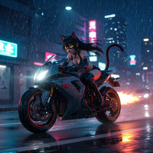 The image depicts a highly detailed, computer-generated scene of a catwoman riding a sleek, black motorcycle through a bustling city at night. The catwoman, with long black hair and striking yellow eyes, is adorned in a black bikini-style outfit that includes a bra and panties, complemented by long black gloves and thigh-high boots. Her ensemble is accentuated by a choker necklace and a collar with spikes. She also sports cat ears and a long, black tail that extends from her back. The motorcycle, which features a red symbol on its side and a red rim on the front wheel, has its headlight on, illuminating the wet, reflective road beneath her. The cityscape in the background is vibrant, with tall buildings adorned with neon signs in various colors, including pink, blue, and white. The scene is set against a backdrop of rain, with water droplets visible on the motorcycle and the road, adding to the dynamic and atmospheric feel of the image.