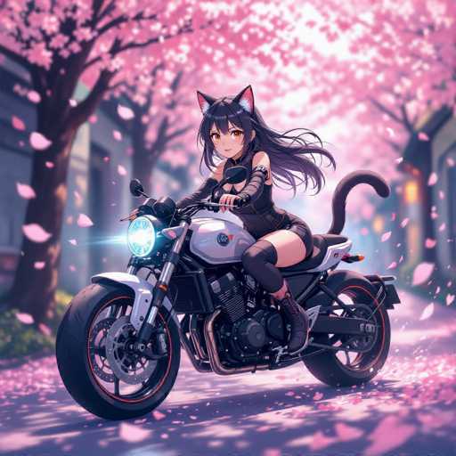 A cute cat girl with long, flowing black hair and cat ears rides a sleek white motorcycle through a cherry blossom-filled street. Pink petals drift in the air, creating a soft, pastel atmosphere with a vibrant color palette and anime-style depth of field. The focus is sharp on the girl and bike, while the background gently blurs, emphasizing the dynamic action.