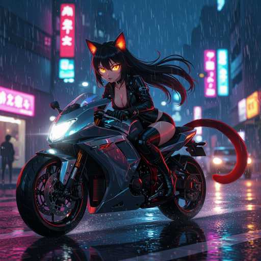 A sleek, black motorcycle glides through a neon-lit cyberpunk city street at night. A seductive anime cat girl with glowing amber eyes and long black cat ears rides, her flowing black hair trailing behind. The scene is bathed in vibrant neon lights reflecting on the wet pavement, reminiscent of Studio Ghibli and Cyberpunk 2077 art styles.