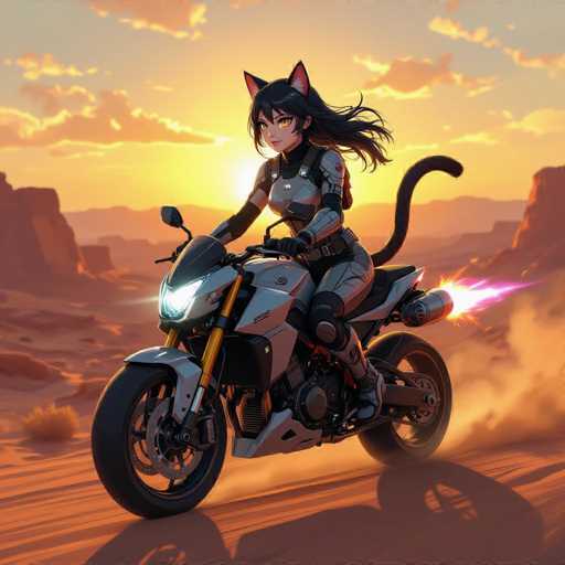 A stylish anime cat girl with black hair and cat ears rides a futuristic motorcycle on a desert road at sunset. She wears a sleek, silver armored suit with glowing accents and has a long, black tail. The motorcycle features jetpack thrusters emitting vibrant purple flames. The background is a warm, orange desert landscape with distant rock formations and a bright, golden sky. The art style is detailed and dynamic, emphasizing motion blur to convey speed.