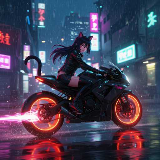 In this captivating image, a young woman is depicted riding a sleek, black motorcycle through a bustling cityscape. She exudes confidence and style, dressed in a striking black leather jacket that reveals a hint of her midriff. Her long, flowing black hair cascades down her back, complementing her edgy look. Adding to her unique appearance, she sports cat ears and a black cat tail that matches her outfit. The motorcycle itself is a marvel of design, with vibrant orange rims and a powerful jet engine emitting a burst of pink flames from the back. The city around her is alive with neon signs in various colors, including purple, blue, and white, all adorned with Asian characters. The wet streets reflect the neon lights, enhancing the dynamic and futuristic atmosphere of the scene.