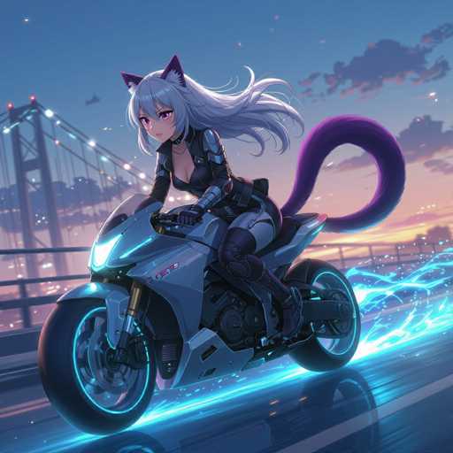 A stylish anime cat girl with flowing silver hair and a purple tail rides a futuristic motorcycle with glowing blue accents across a bridge over a serene river. The scene is rendered in the detailed, painterly style of Makoto Shinkai, emphasizing dynamic motion and atmospheric lighting.