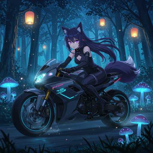 In this captivating image, a young woman is depicted riding a sleek motorcycle through a mystical forest. She has long, flowing black hair adorned with cat-like ears, and her striking purple eyes add an otherworldly charm to her appearance. Her attire is a form-fitting black leather outfit, complete with gloves that extend up to her biceps, and she sports a large, bushy black and white tail that trails behind her. The motorcycle she rides is predominantly black, accented with blue lights and pink highlights, giving it a futuristic and dynamic look. The forest around her is dense with tall trees, and the ground is dotted with glowing mushrooms that emit a soft blue light. Adding to the enchanting atmosphere, several orange lanterns hang from the trees, casting a warm glow over the scene. The overall ambiance is dark and ethereal, with the woman's vibrant presence and the glowing elements providing a stark contrast to the shadowy surroundings.