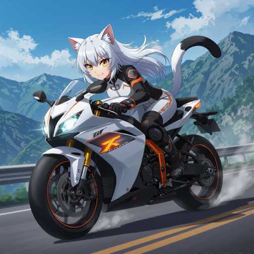 A determined anime cat girl with flowing white hair and black cat ears rides a sleek racing bike, clad in a white and orange suit with glowing accents. The dynamic low-angle shot captures her leaning into a curve on a mountain road, her tail swishing with motion. The background features a vibrant, painterly anime style with detailed shading and a sense of speed.