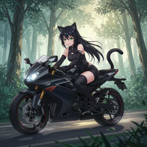 The image depicts a detailed, computer-generated illustration of a young woman riding a sleek, black motorcycle. She is dressed in a form-fitting, black leather outfit that includes gloves, thigh-high stockings, and a short skirt. Her long, flowing black hair cascades down her back, and she sports a pair of black cat ears atop her head. A black cat tail extends from her back, adding to her feline-inspired appearance. The motorcycle, which features a prominent headlight and a red emblem on the front, is positioned on a gray road. Surrounding the scene are lush green trees and bushes, with sunlight filtering through the foliage, creating a serene, natural backdrop. The overall composition blends elements of fantasy and realism, emphasizing the character's dynamic and stylish presence.