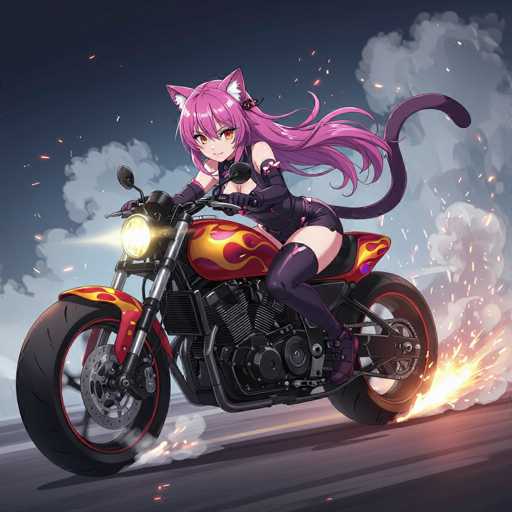 A captivating anime-style illustration depicts a seductive cat girl riding a powerful motorcycle. She's clad in a dark, form-fitting outfit with flame accents and has vibrant pink hair with cat ears. The motorcycle boasts a dynamic, fiery design with glowing orange flames and sharp details. She's in motion, leaving a trail of smoke and sparks behind her on a dark road under a dramatic, cloudy sky. The overall art style is detailed and expressive, emphasizing action and a sense of speed.