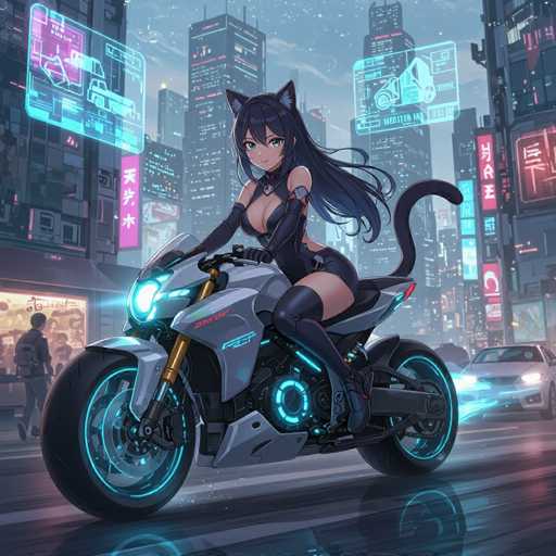 A seductive anime cat girl with long, flowing black hair and a sleek, form-fitting outfit rides a futuristic motorcycle through a vibrant, neon-lit cityscape. The scene is dynamic, with the girl's body angled and her tail swishing, emphasizing a sense of motion. The overall art style is detailed and stylized, with glowing blue accents on the motorcycle and holographic displays adding to the cyberpunk atmosphere.