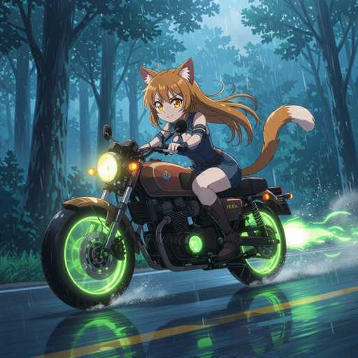 In this vibrant, square-shaped cartoon image, a young girl with long, flowing brown hair and striking yellow eyes is depicted riding a sleek motorcycle. She sports a blue tank top and matching blue shorts, complemented by brown boots. Her ensemble is accentuated by a pair of fox-like ears perched atop her head and a long, bushy tail that extends from her back. The motorcycle she rides is predominantly black with a distinctive red front, and it features glowing green wheels and a headlight. The scene is set on a wet road, with raindrops creating ripples and reflections from the motorcycle's lights. The road is marked by a yellow line running down the middle. In the background, a dense forest of tall trees with lush green leaves adds depth to the image, while the sky above is a moody gray, enhancing the overall atmosphere.