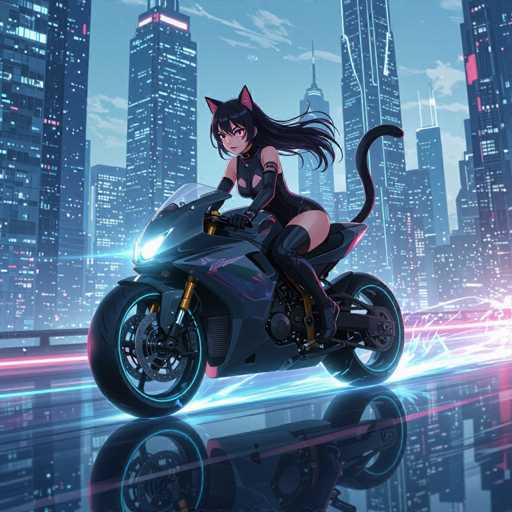 The image depicts a highly detailed, computer-generated scene featuring a young woman with long, flowing black hair and striking pink eyes. She is dressed in a sleek, form-fitting black bodysuit that accentuates her figure, complemented by long black gloves that extend up to her biceps. Her ensemble is completed with thigh-high black boots, and a distinctive black tail emerges from her back, adding a whimsical touch to her appearance.

The woman is seated on a black motorcycle, which is positioned on a reflective surface that mirrors her image and the motorcycle, creating a captivating visual effect. The motorcycle's headlights are illuminated, casting a bright glow that contrasts with the dark surroundings. The scene is set against a backdrop of towering skyscrapers, their windows aglow with light, suggesting a bustling urban environment. The sky above is a serene blue, dotted with a few scattered clouds, adding depth and tranquility to the otherwise dynamic and futuristic setting.