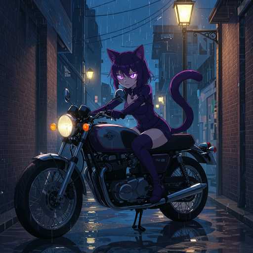 A stylish anime cat girl with deep purple hair and violet eyes sits on a classic cafe racer motorcycle in a rainy alley. Her tail curls around the seat, and raindrops glisten on her clothing. The scene is rendered in a detailed, atmospheric style reminiscent of Masaaki Yuasa's work.