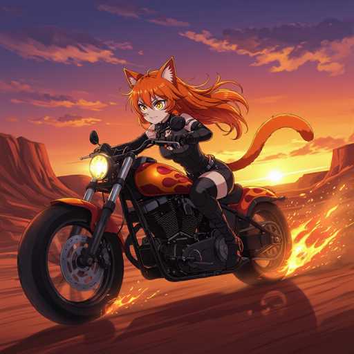 In this vibrant, cartoon-style image, a striking female character is depicted riding a red motorcycle adorned with yellow spots. The motorcycle's headlight is illuminated, casting a bright glow. The character, who has long, flowing red hair and matching red cat ears, exudes a sense of confidence and power. She is dressed in a sleek, black leather outfit that accentuates her curves, complemented by black boots and gloves. A long, orange tail extends from her back, adding to her feline appearance. The motorcycle appears to be moving at high speed, evidenced by the flames trailing from its rear. The scene is set against a dramatic sunset, with a sky painted in hues of orange and yellow, and a sun that is just beginning to set. The background features rugged, brown mountains, enhancing the dynamic and adventurous atmosphere of the image.