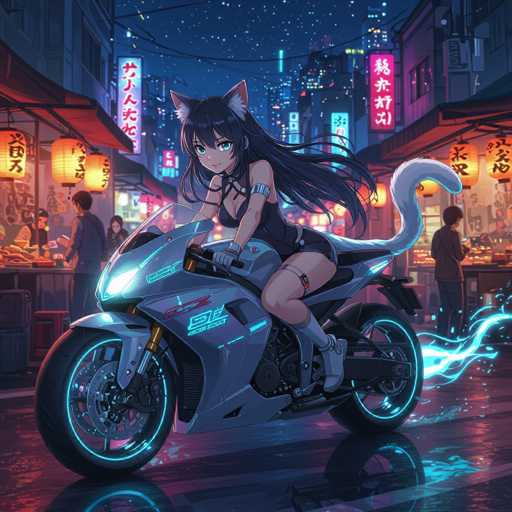 In this captivating image, a young woman is depicted riding a sleek motorcycle through a bustling city street. The scene is set at night, with the sky overhead dotted with twinkling stars. The motorcycle, a striking blend of black and blue, features illuminated blue lights that enhance its futuristic appeal. The woman, who appears to be of Asian descent, is adorned in a stylish black dress that complements her long, flowing black hair. Adding to her unique appearance, she sports cat ears and a long, elegant white tail that trails behind her. Her piercing blue eyes and the determined set of her face suggest a sense of purpose and confidence as she navigates the urban landscape. The background reveals a vibrant cityscape, with buildings adorned with signs in an Asian script, hinting at the cultural setting of the scene. The overall composition exudes a sense of adventure and modernity, capturing a moment of dynamic motion and urban energy.
