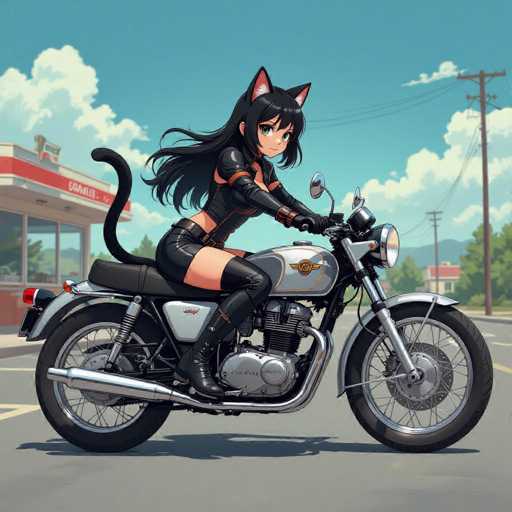 The image depicts a detailed, computer-generated scene featuring a young woman riding a motorcycle. She is dressed in a sleek, black leather outfit that includes a cropped top, long gloves, and thigh-high boots. Her ensemble is accentuated by a black belt with a gold buckle and a pair of cat ears perched atop her head. A black cat tail extends from her back, adding a whimsical touch to her appearance. The motorcycle she rides is predominantly silver with black accents, and it features a prominent headlight and a side mirror. The background showcases a clear blue sky dotted with white clouds, a gas station to the left, and a road stretching into the distance. The overall composition blends elements of realism and fantasy, creating a visually engaging and imaginative scene.