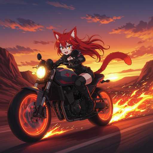 A vibrant anime illustration depicts a fiery-haired cat girl riding a powerful motorcycle through a dramatic, sunset-lit canyon. The scene is dynamic with motion blur emphasizing speed and the cat girl's flowing tail, which trails glowing embers. The art style is distinctly anime-inspired, with sharp lines and expressive character design reminiscent of Akira. The overall composition is a blend of warm oranges, reds, and deep blues, creating a visually striking and energetic image.