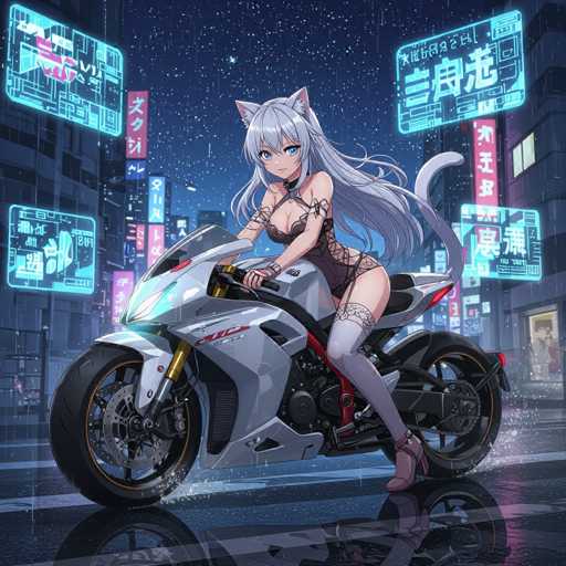 A stylish anime cat girl with long silver hair and prominent cat ears confidently rides a futuristic motorcycle through a neon-lit city at night. The scene is vibrant, with glowing holographic signs and rain-slicked streets creating a dynamic atmosphere. Her pose is poised, showcasing the sleek design of the motorcycle and her alluring outfit. The overall art style is detailed and evocative, capturing a blend of cyberpunk and fantasy elements.