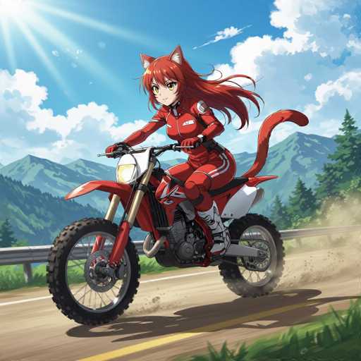 A vibrant, AI-generated illustration depicts a dynamic anime-style scene of a red and white dirt bike racing down a dirt road. The dirt bike, with its black tires and a prominent headlight, is ridden by a striking female character. She is adorned in a sleek, form-fitting red bodysuit that accentuates her athletic build, complete with white boots and gloves. Her long, flowing red hair cascades down her back, and a large, bushy red tail extends from her back, adding a fantastical element to her appearance. The character's face is expressive, with wide eyes and a small, delicate mouth, framed by cat-like ears atop her head. The background features a picturesque landscape of blue sky, white clouds, and distant mountains, enhancing the sense of speed and adventure as the dirt bike races along the road.