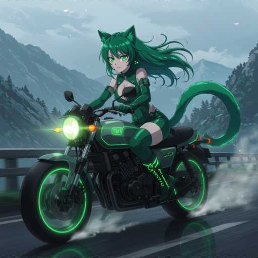 A captivating anime-style illustration features a striking female character with long, flowing green hair and matching green cat ears. She is dressed in a form-fitting green bodysuit that accentuates her curves, complemented by long green gloves that extend up to her biceps. Her ensemble is completed with green boots that reach up to her thighs, and a distinctive green tail that curls behind her. The character is seated on a sleek black motorcycle adorned with vibrant green accents, including a glowing green headlight and green rims on the wheels. The motorcycle's design is sleek and modern, with a low profile and a prominent seat. As the motorcycle speeds along a road, it kicks up a dramatic trail of smoke, adding a sense of motion and excitement to the scene.