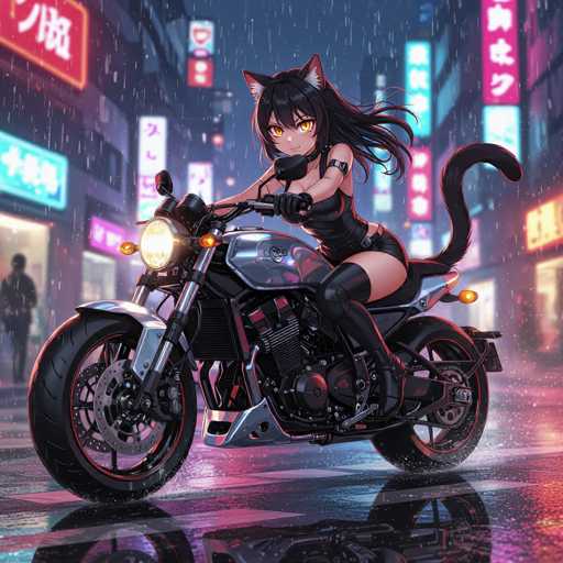 A stylish anime cat girl with vibrant amber eyes and a long black tail confidently rides a sleek, silver motorcycle through a neon-lit city street. Rain streaks down, reflecting the vibrant lights on wet pavement. The detailed illustration showcases a dynamic pose and a captivating, modern art style.