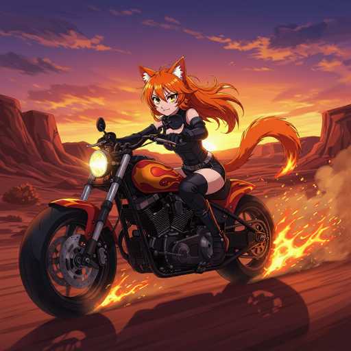 A vibrant, AI-generated image features a striking anime-style female character riding a red motorcycle adorned with yellow flame decals. The scene is set in a desert landscape with brown, rocky terrain and a sky painted in hues of purple, pink, and yellow, suggesting a sunset. The character, with long, flowing red hair and fox-like ears, exudes a fierce presence. She is dressed in a black leather outfit that includes a corset, gloves, and boots, complemented by a black belt. Her long red tail, also tipped with flames, adds to her mystical aura. The motorcycle's headlight is on, casting a shadow on the ground, while flames burst from the rear tire, emphasizing her dynamic movement. The overall composition captures a moment of intense action and vivid color, characteristic of AI-generated artwork.