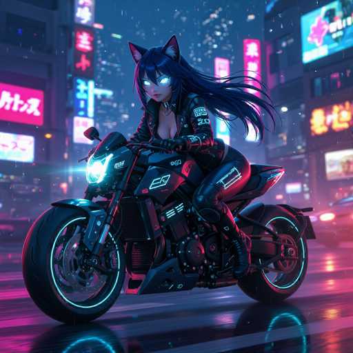 In this captivating image, a young woman is depicted riding a sleek, black motorcycle. She is dressed in a striking black leather outfit that accentuates her figure, complete with matching black gloves. Her long, flowing black hair cascades down her back, and she sports a pair of cat ears, adding a whimsical touch to her appearance. Her eyes are mesmerizingly bright, glowing with an intense white light that contrasts sharply with her dark attire. The motorcycle itself is a modern marvel, featuring a headlight that emits a brilliant white glow and a tire adorned with a glowing white line. The background is a vibrant cityscape, illuminated by an array of neon signs in various colors, including pink, blue, and yellow. These signs display a mix of Asian characters and English letters, contributing to the dynamic urban atmosphere. The scene is set on a black road marked with white lines, and the woman's motorcycle casts a distinct shadow on the ground, adding depth to the composition.
