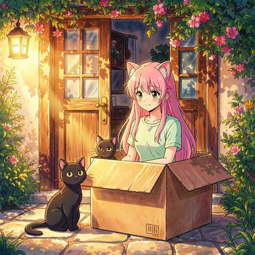 In this captivating anime-style illustration, a young girl with long pink hair and cat ears sits inside a brown cardboard box, which rests on a stone pathway. She is wearing a light green shirt and has a gentle smile on her face. The girl's cat ears are pink with white insides, and her large green eyes add to her endearing appearance. 

To her left, a black cat with yellow eyes and pink ears sits on the ground, gazing directly at the viewer. Another black cat, also with yellow eyes and pink ears, is positioned to the right of the girl, looking towards her. 

The background features a brown wooden door with a gold handle, partially open to reveal a glimpse of a room inside. The door is adorned with a hanging light fixture and surrounded by lush greenery, including pink flowers and vines that drape over the top of the door. The scene is bathed in a warm, yellow light, adding to the cozy and whimsical atmosphere.