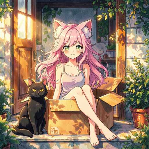 In this vibrant anime-style illustration, a young girl with long, flowing pink hair and striking green eyes sits comfortably in a cardboard box. She is barefoot, her feet playfully peeking out from the box. Her hair cascades down her back, and she sports pink cat ears adorned with white fur on the inside. Dressed in a light purple tank top, she exudes a sense of relaxed contentment. Beside her, a black cat with piercing yellow eyes sits attentively, its ears also pink on the inside. The scene is set on a wooden porch, with a wooden door to the left and a window to the right, both framed by lush greenery. The sunlight streams in, casting a warm glow on the girl and the box, enhancing the cozy and serene atmosphere of the moment.
