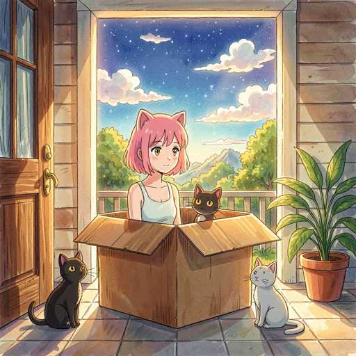 In this vibrant, cartoon-style illustration, a young girl with pink hair and cat ears sits inside a cardboard box on a porch. She wears a light blue tank top and gazes to the right. Beside her, a black cat with pink ears peeks out from the box. Outside the box, two more cats—a black one on the left and a white one on the right—look up at the girl. The porch features a brown door with a window on the left side and a potted plant with green leaves on the right. The background reveals a serene scene with a blue sky dotted with white clouds, green trees, and distant mountains. The floor of the porch is made of brown tiles, adding to the cozy atmosphere.