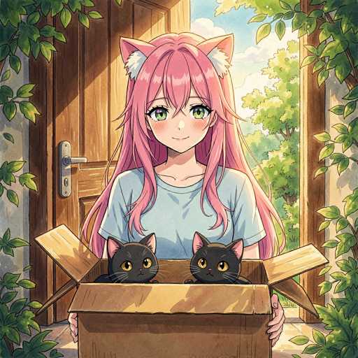 In this vibrant anime-style illustration, a young girl with long pink hair and cat ears stands in the doorway of a wooden house, holding a cardboard box. Her hair cascades down to her chest, and she has striking green eyes. She is dressed in a light blue t-shirt. Inside the box she carries are two black kittens with yellow eyes, their heads peeking out curiously. The open wooden door behind her reveals a lush, green outdoor scene with trees and a blue sky dotted with white clouds. The doorway is framed by green leaves, adding to the natural ambiance. The girl's rosy cheeks and gentle smile suggest a sense of joy and contentment as she presents the kittens to the viewer.