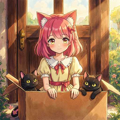In this vibrant, cartoon-style illustration, a young girl with shoulder-length pink hair and large, expressive yellow eyes stands cheerfully in front of a wooden door. She is adorned with pink cat ears that have white fur inside, adding a whimsical touch to her appearance. Her attire includes a charming yellow dress with a white collar, a red bow at the front, and a red belt cinched around her waist. The girl's hands rest on the edge of a brown cardboard box, from which two black cats with striking yellow eyes and pink ears are playfully emerging. The scene is set against a backdrop of lush greenery, with trees and bushes adorned with pink flowers flanking the door. The overall atmosphere is bright and sunny, enhancing the lively and joyful mood of the image.
