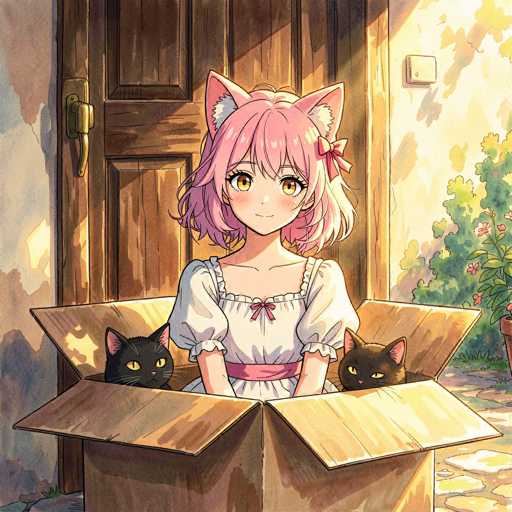 In this vibrant, cartoon-style illustration, a young girl with short pink hair and cat ears sits inside a cardboard box, exuding a whimsical charm. She is dressed in a white nightgown adorned with a pink bow at the neckline and a pink sash around her waist. Her large, expressive brown eyes and rosy cheeks add to her endearing appearance. The girl's cat ears are pink with white centers, and a pink bow adorns the left side of her hair. 

The cardboard box she sits in has its four flaps open, revealing two black cats with yellow eyes peering out from either side. The scene is set against a backdrop of a wooden door with a brass handle, slightly ajar, and a white wall with a square object mounted on it. To the right of the door, a window allows sunlight to stream in, illuminating the scene. The window is framed by a green bush with pink flowers, adding a touch of nature to the cozy setting. The floor beneath the box is made of stone, completing the quaint and detailed environment.