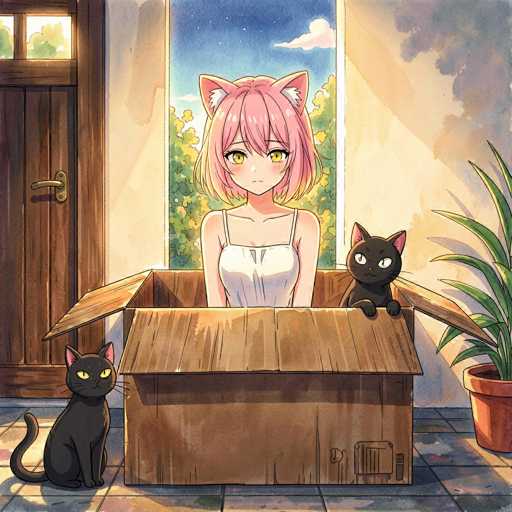 In this vibrant, cartoon-style illustration, a young girl with pink hair and cat ears sits inside a cardboard box, her head and shoulders visible. She has striking yellow eyes and wears a white tank top. The box is positioned on a blue tiled floor, with a potted plant in a terracotta pot to the right. Two black cats with yellow eyes and pink ears are beside her: one sitting on the floor to the left and the other perched on the box to the right. Behind them, a wooden door with a brass handle and two small windows at the top stands slightly ajar. Through the open window, a serene night sky with stars and a single cloud is visible, along with some greenery outside. The scene is bathed in warm sunlight streaming through the window, adding a cozy and whimsical touch to the image.