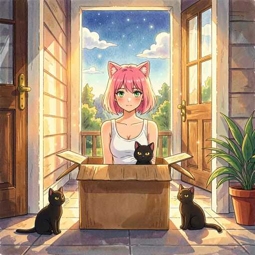 In this captivating anime-style illustration, a young girl with vibrant pink hair and striking green eyes sits inside a cardboard box, her head and upper body visible. She has cat ears, adding a whimsical touch to her appearance. The box rests on a stone porch, with two black cats positioned on either side of it. Behind her, the open wooden doors of a house frame a serene view of a starry sky, dotted with fluffy clouds and framed by lush trees. The scene is bathed in warm sunlight, which streams through the doors and illuminates the girl's face. The girl is dressed in a white tank top, and a black cat peeks out from the box beside her, gazing directly at the viewer. The overall composition exudes a sense of tranquility and charm, blending elements of nature and fantasy seamlessly.