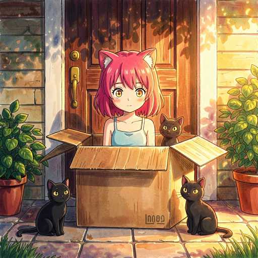In this captivating anime-style illustration, a young girl with vibrant pink hair and matching pink cat ears stands joyfully in front of a brown door. She is dressed in a blue tank top, and her wide, expressive yellow eyes and rosy cheeks capture a moment of pure delight. The girl is seated inside a large cardboard box, which is positioned on a stone-tiled floor. Surrounding her are three black cats: two are perched on the ground beside the box, while the third sits comfortably inside it. The scene is framed by lush greenery, with potted plants on either side of the door and additional foliage peeking from the bottom corners of the image. The overall composition exudes a whimsical and heartwarming atmosphere, perfectly encapsulating the girl's connection with her feline companions.