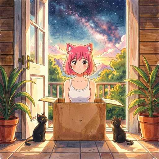 In this captivating anime-style illustration, a young girl with vibrant pink hair and matching pink cat ears sits inside a large cardboard box. She is dressed in a white tank top, and her wide, expressive brown eyes gaze directly at the viewer. The box rests on a tiled floor, with two black cats positioned on either side, their tails curling around the box. The scene is set on a balcony, with a white door to the left and two potted plants flanking the box. The background reveals a stunning view of the galaxy, with swirling hues of blue, purple, and pink, dotted with countless stars. Below the celestial display, lush green trees and distant mountains complete the serene landscape.